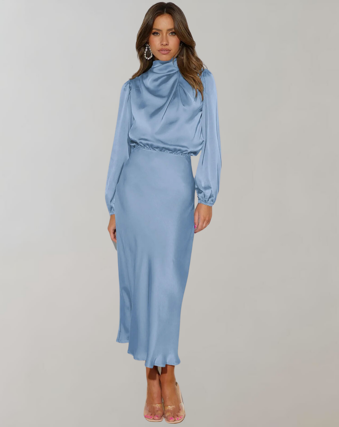 elegantes Satin-Abendkleid mit langen Ärmeln