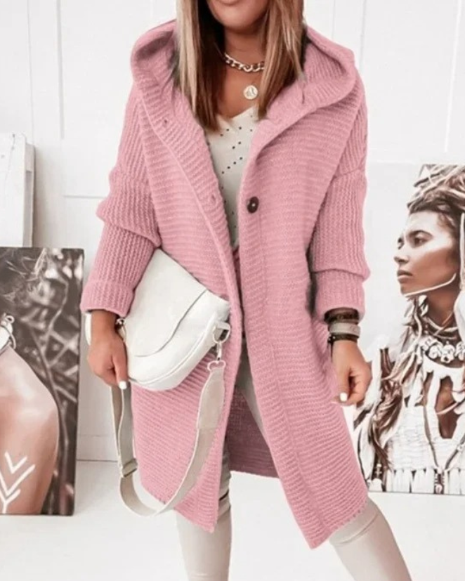 Heidi-Mode | Lange Damen-Weste, Strickjacke mit Kapuze und Knöpfen