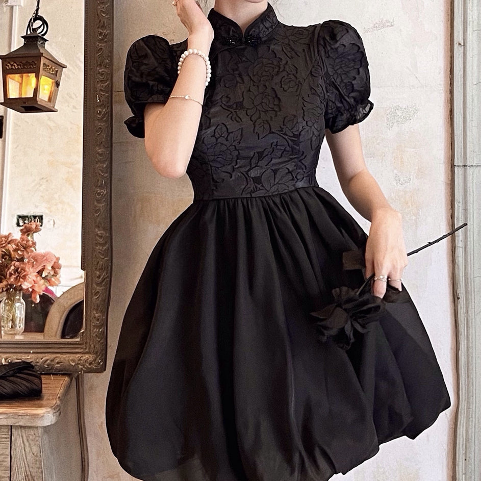 Heidi-Mode | Hoch Tailliertes Puffärmel Jacquard Bud Qipao Kleid