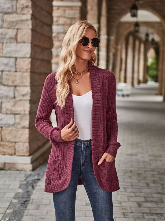 Heidi-Mode | Damen Gerippter Offener Vorderseite Strickjacke Lange Ärmeln Lässig Strickpullover mit Taschen