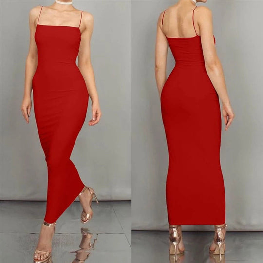 Heidi-Mode | Bodycon Kleid Midi Länge Spaghettiträger Elegant und Figurbetont