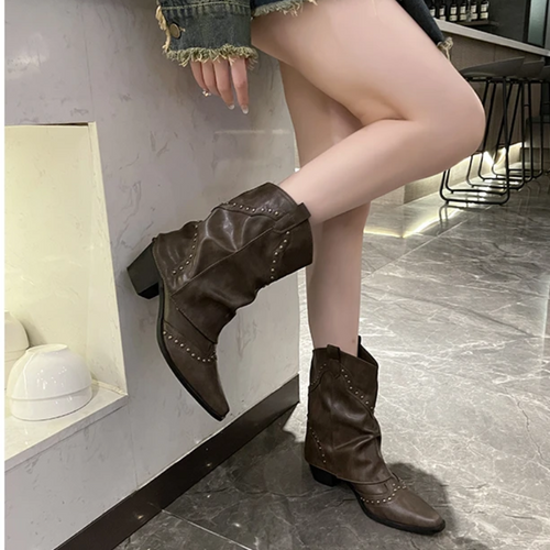 Heidi-Mode | Trendy Western Stiefel mit Nieten und Mittelhohem Absatz Cowboy Stiefel Damen