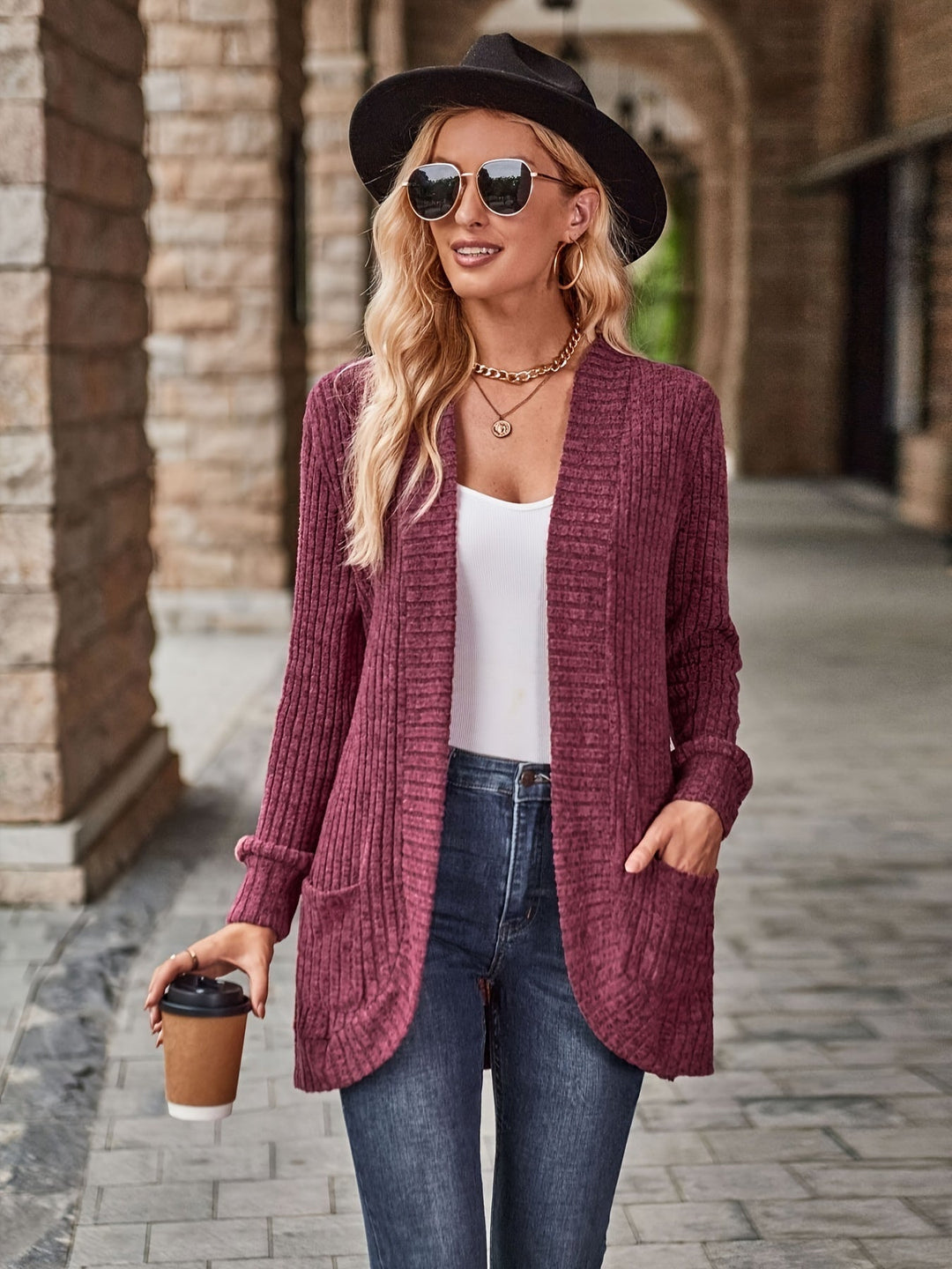 Heidi-Mode | Damen Gerippter Offener Vorderseite Strickjacke Lange Ärmeln Lässig Strickpullover mit Taschen