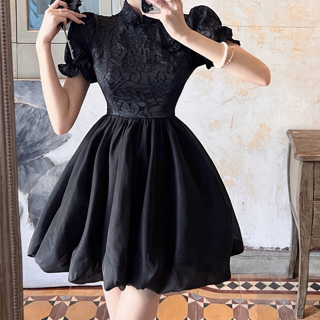 Heidi-Mode | Hoch Tailliertes Puffärmel Jacquard Bud Qipao Kleid