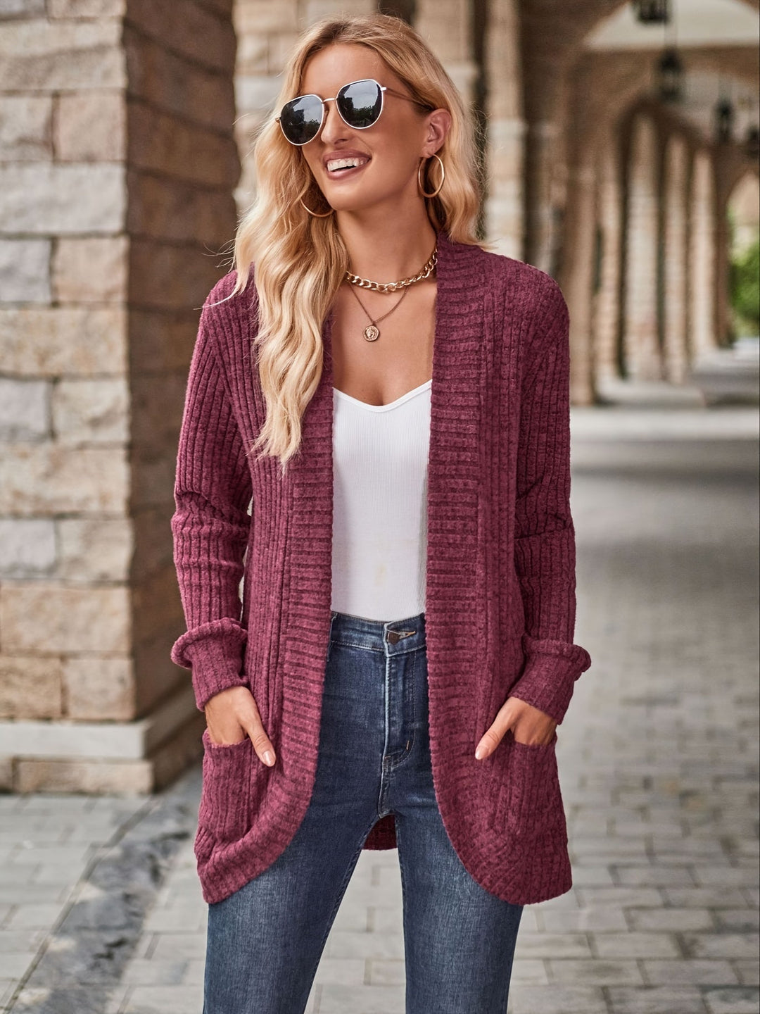 Heidi-Mode | Damen Gerippter Offener Vorderseite Strickjacke Lange Ärmeln Lässig Strickpullover mit Taschen
