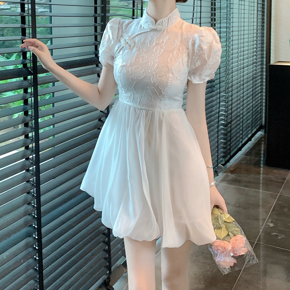Heidi-Mode | Hoch Tailliertes Puffärmel Jacquard Bud Qipao Kleid