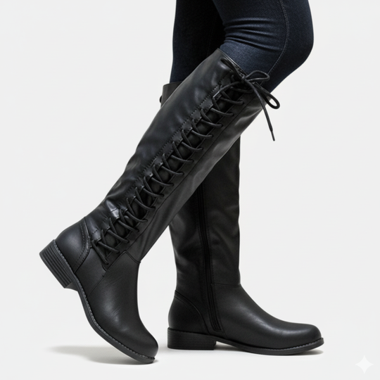 Heidi-Mode | Knielange Stiefel Kunstleder Kreuzschnürung Seitlicher Reißverschluss Niedriger Absatz