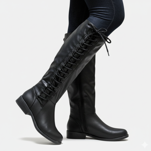 Heidi-Mode | Knielange Stiefel Kunstleder Kreuzschnürung Seitlicher Reißverschluss Niedriger Absatz