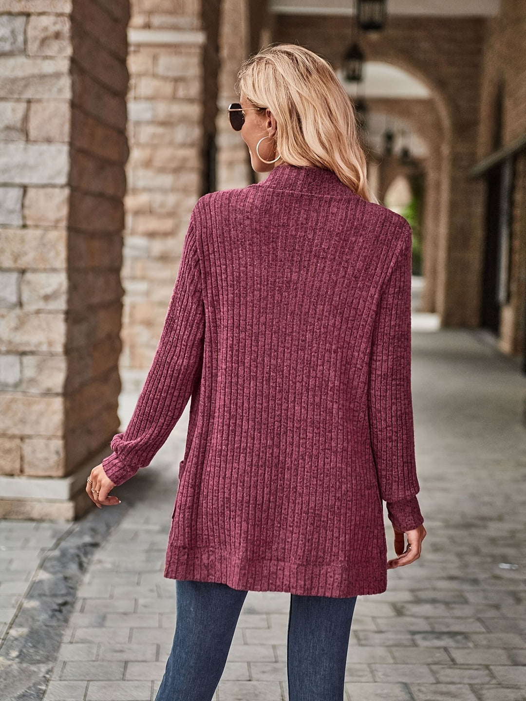 Heidi-Mode | Damen Gerippter Offener Vorderseite Strickjacke Lange Ärmeln Lässig Strickpullover mit Taschen
