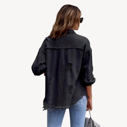 Heidi-Mode | Schwarze Distressed Denim Button-Up Jacke