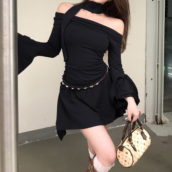 Heidi-Mode | Off Shoulder Trompetenärmel Einfarbig Hip Kleid
