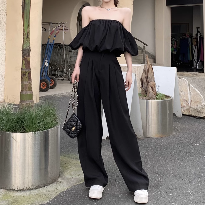 Heidi-Mode | Puffärmel Off Shoulder Top Anzug Breite Hosen Satz