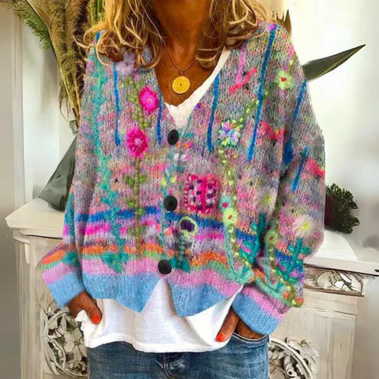 Heidi-Mode | Damen Knopf Blumen Cardigan aus Daunen Warm