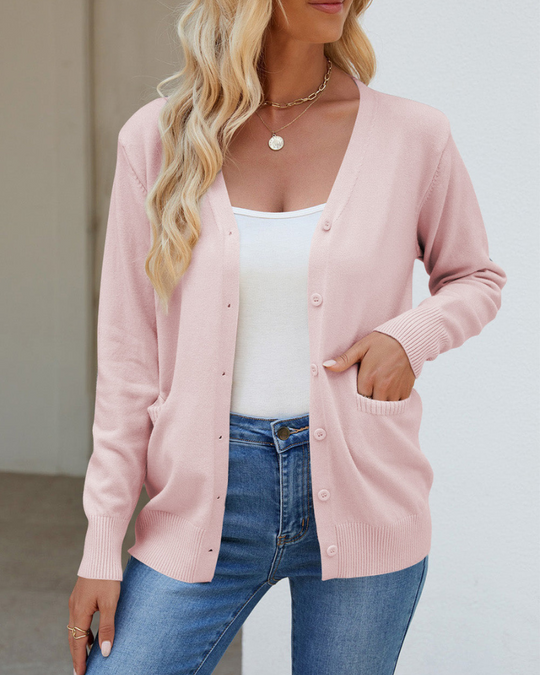 Heidi-Mode | Strickjacke mit V-Ausschnitt, Knöpfen, langen Ärmeln und Taschen