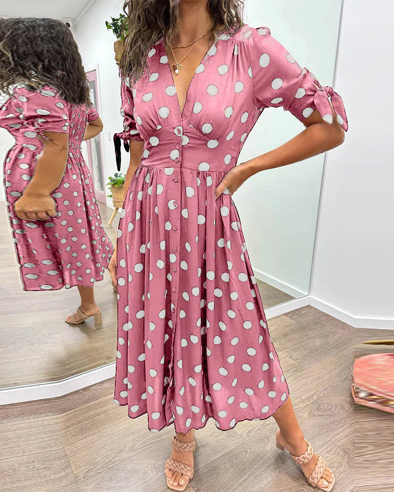 Punkte Kleid mit tiefem V-Ausschnitt