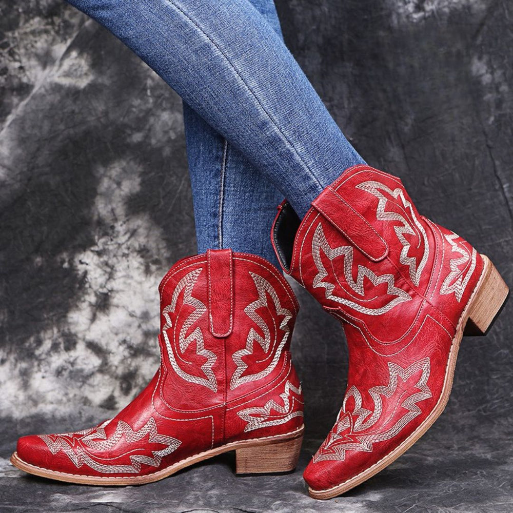 Heidi-Mode | Westernstiefel Besticktes Leder Spitz Zulaufend Knöchelhoch Blockabsatz