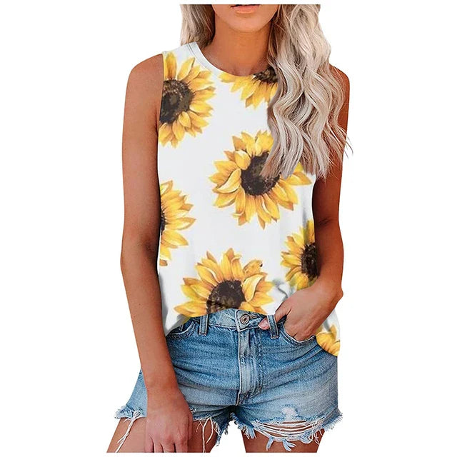 Heidi - Farbenfrohes Tanktop mit Sonnenblumen-Leoparden-Print und 3D-Print