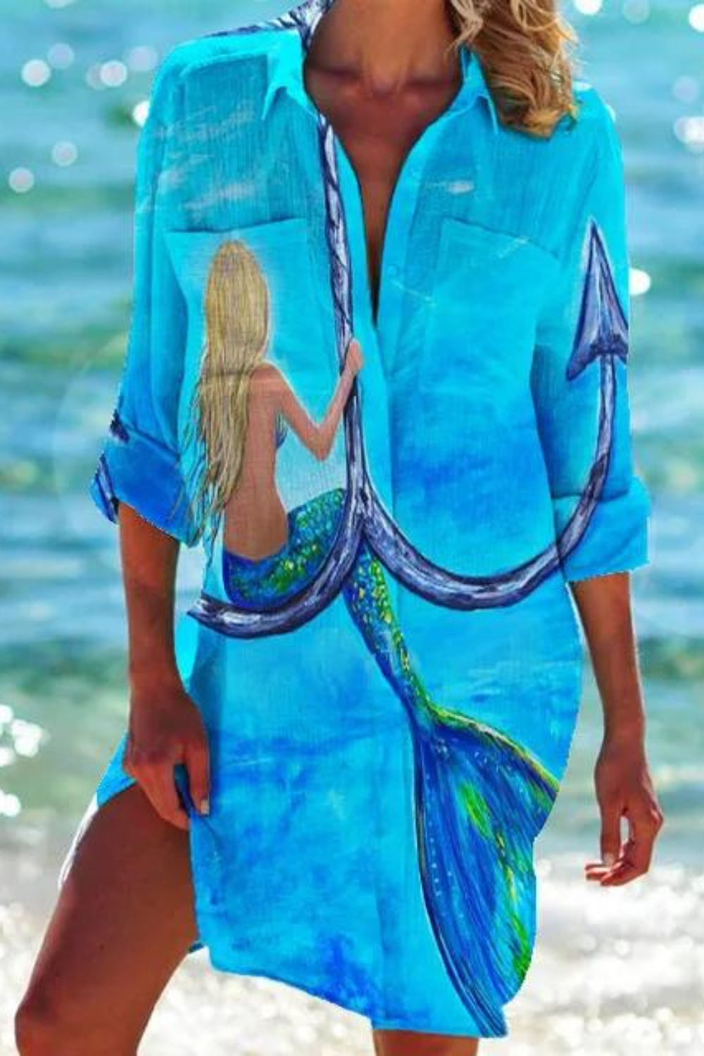 Heidi-Mode - Lange Strandbluse mit Meeresmotiv