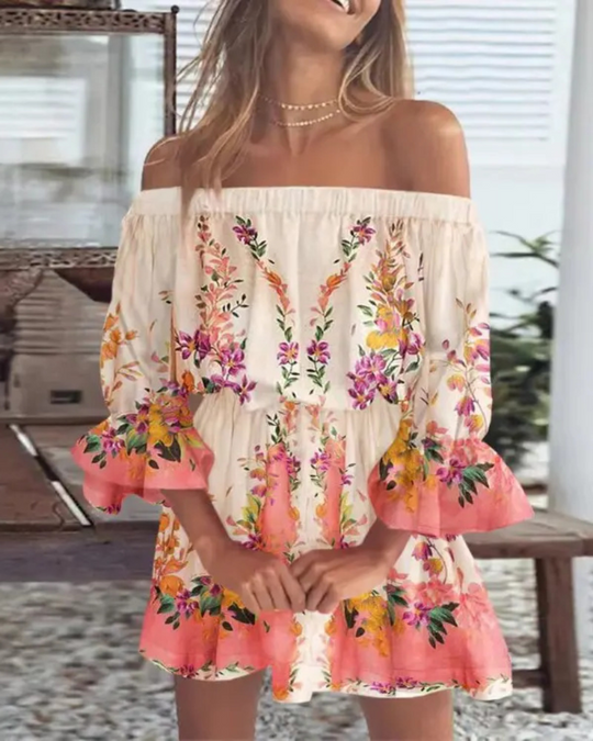 Schulterfreies Kleid mit Boho-Blätterdruck