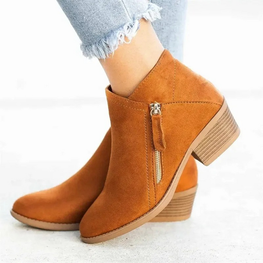 Heidi-Mode | Bequeme Western Stil Stiefeletten mit Dekorativer Reißverschluss Damen Stiefeletten