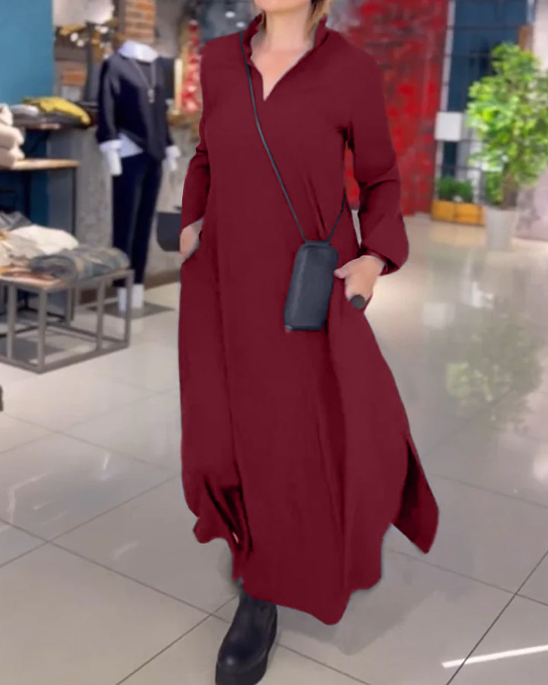 Evia – Lockeres langes Kleid mit Revers und Seitenschlitz