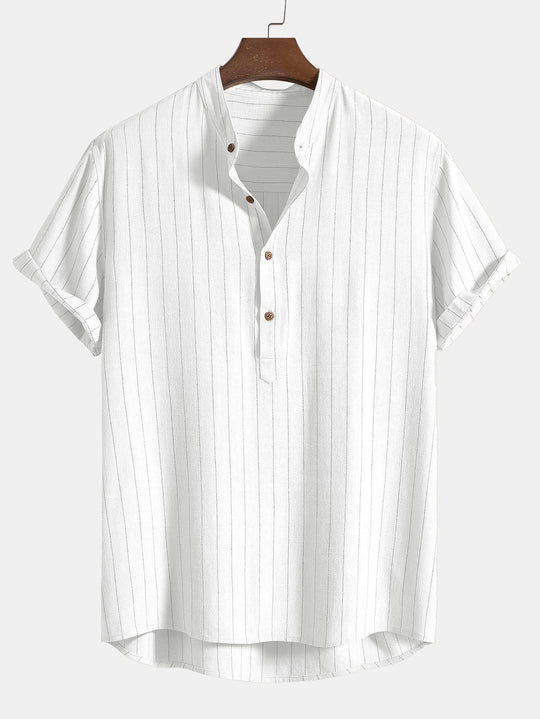 Blend Striped Half Open Placket Henley Collar Shirt & Straight Leg Pants