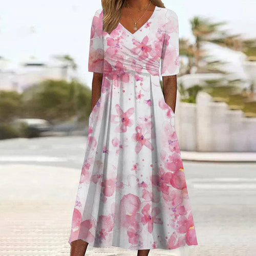 Heidi – süßes rosa geblümtes midikleid mit seitentaschen