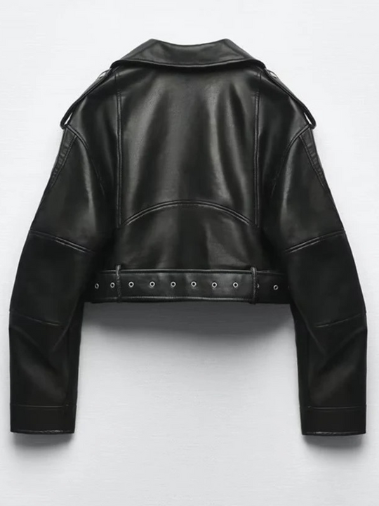 Heidi-Mode | Lederjacke Damen Kurz Biker Modell mit Gürtel und Reißverschlusdetails