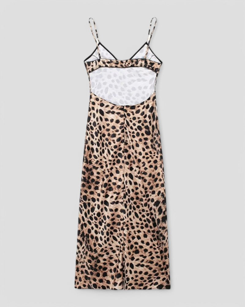 Heidi-Mode | Satin Slip Maxi Kleid Frauen Leopard Print mit Offenem Rücken