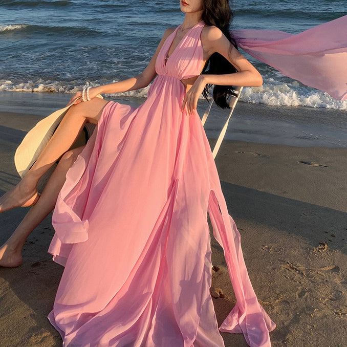 Heidi-Mode | Pink Ribbon Halter Neck Hollow Slit Urlaubskleid