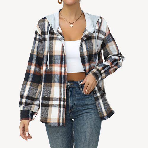 Heidi-Mode | Damen Karo Button-Down Shaket mit Kapuze