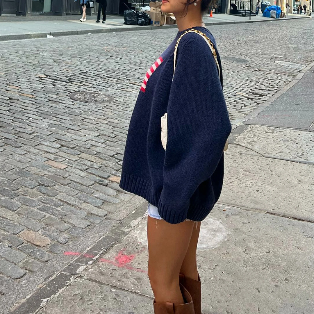 Heidi-Mode - Streetwear Herbst Strickpullover mit amerikanischer Flagge für Frauen