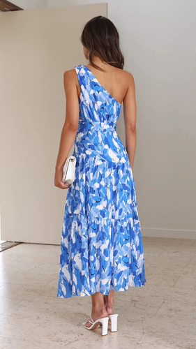 Vestido Midi Floral De Un Hombro Azul