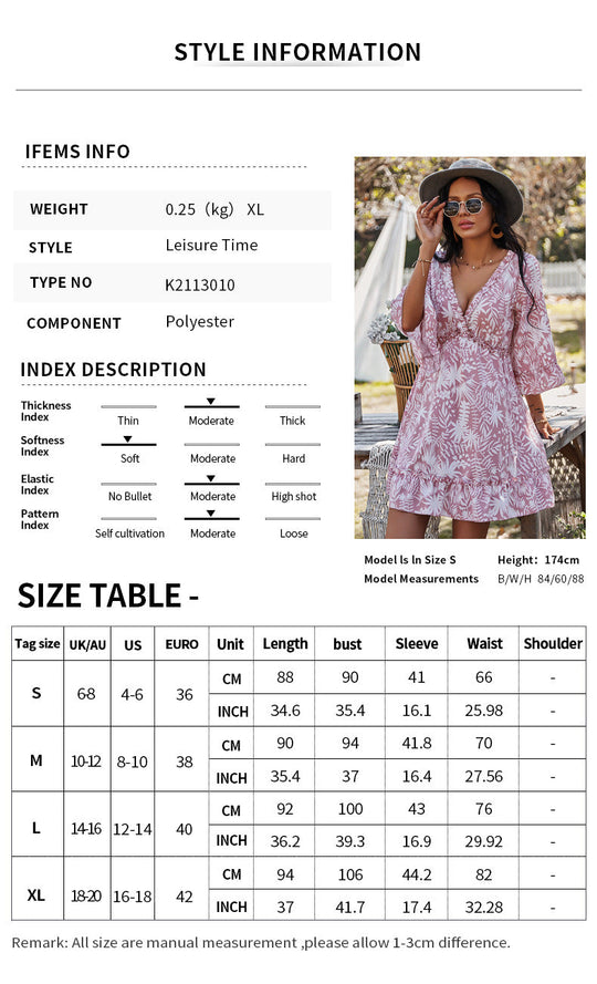 Heidi-Mode | Lässiger V-Ausschnitt 3\4 Arm Bedrucktes Mini Kleid