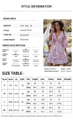 Heidi-Mode | Lässiger V-Ausschnitt 3\4 Arm Bedrucktes Mini Kleid
