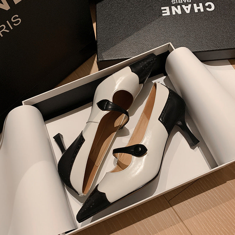 Heidi-Mode | Britisch Retro Farbblocking Vollleder Feine High Heels Mary Jane Schuhe