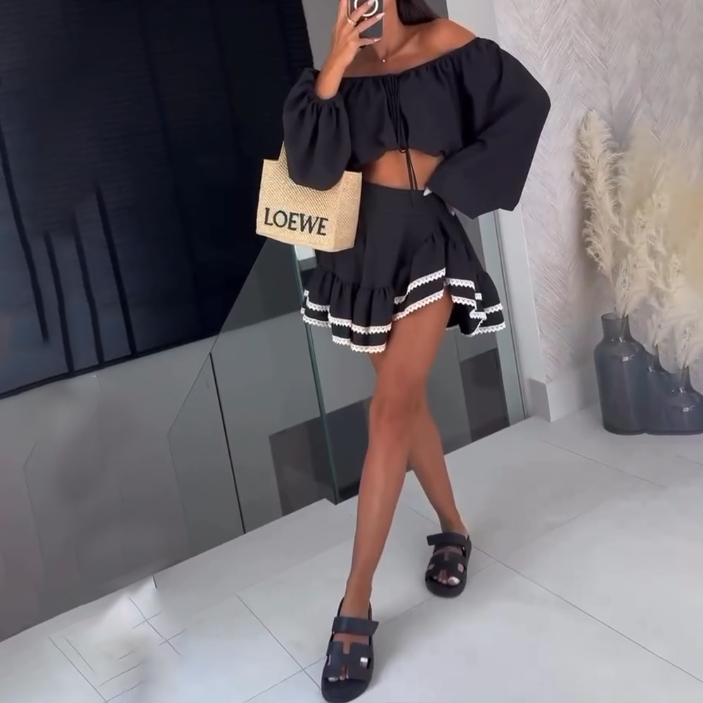 Heidi-Mode | Off Shoulder Crop Top und Rock Satz