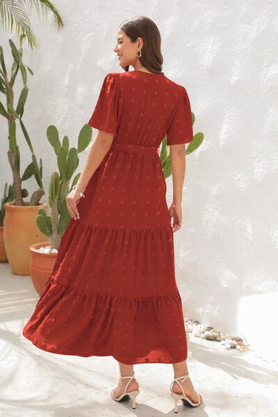 Heidi-Mode | Swiss Dot Gebunden Surplice Kurzarmkleid