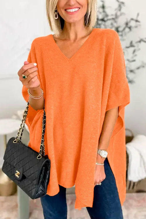 Heidi-Mode | V-Ausschnitt Poncho Pullover mit elegantem lockeren Schnitt