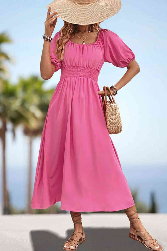 Heidi-Mode | Quadrat-Ausschnitt Geraffte Taille Puffärmeln Midi Kleid