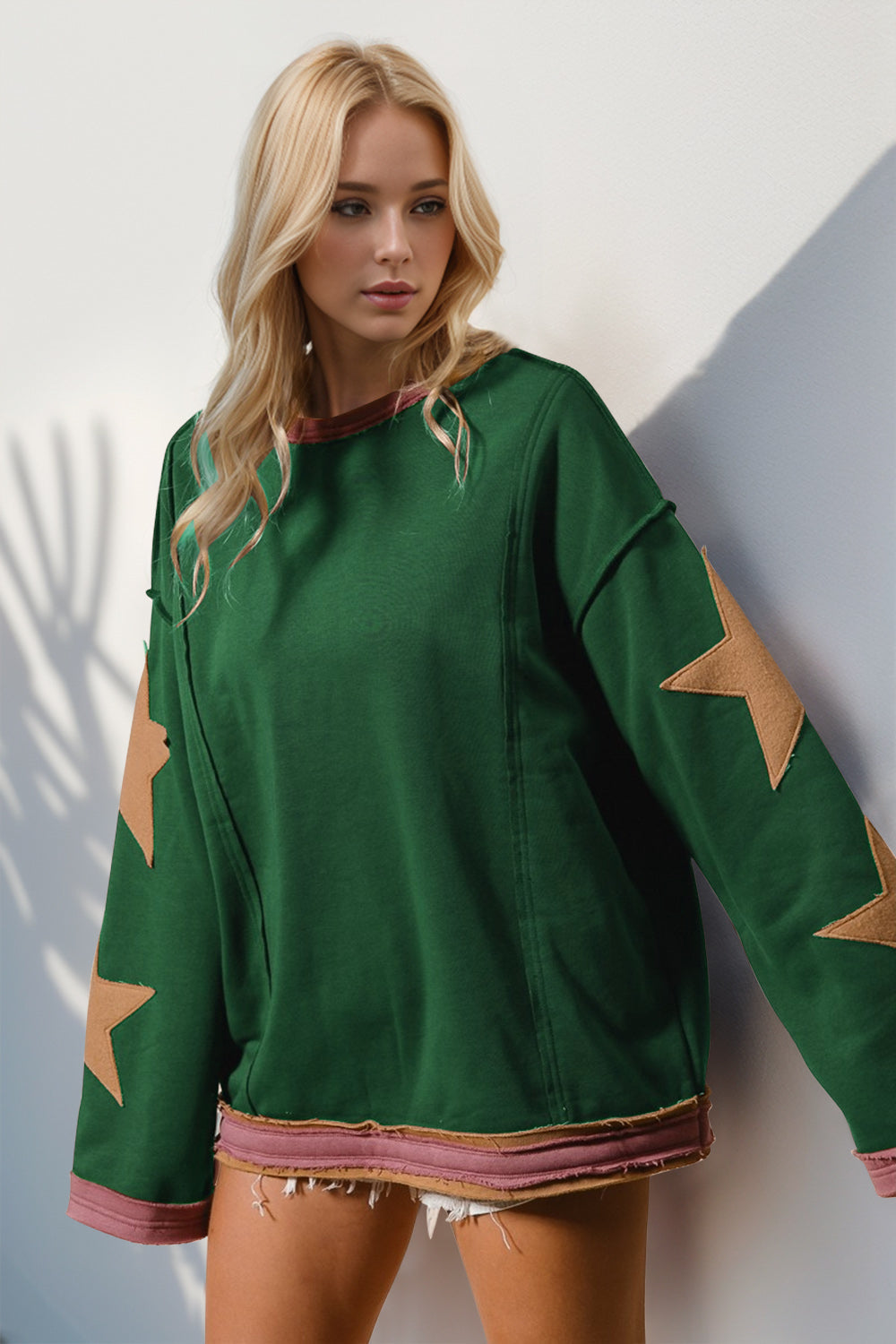 Heidi-Mode | Double Take Star Patches Langarm Sweatshirt