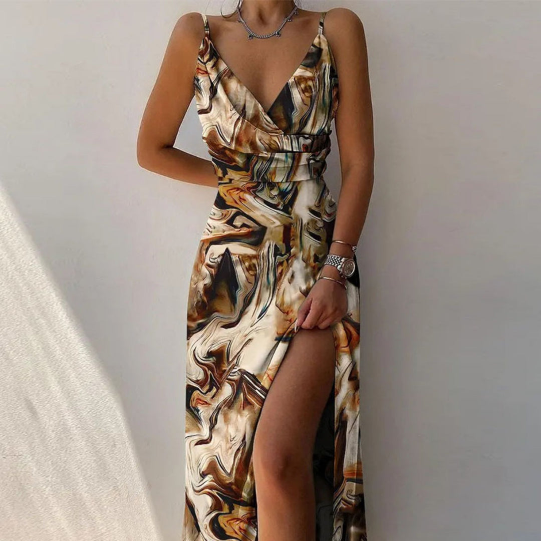 Heidi Mode | Kleid mit Hosenträgern und V-Ausschnitt mit geteiltem Print