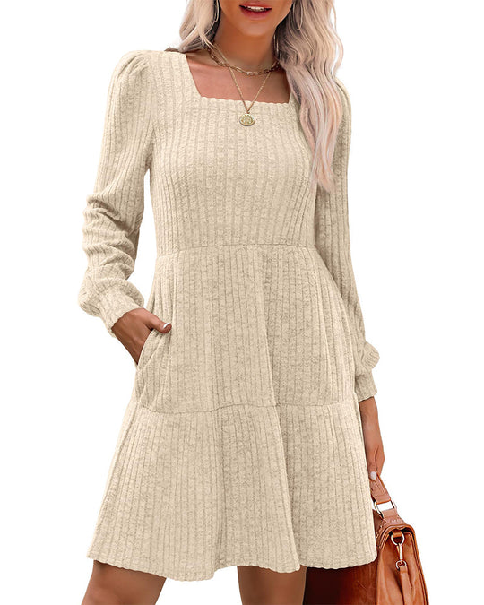 Heidi-Mode | Damenkleid mit Quadrat Ausschnitt Laternenärmeln und Rippstruktur