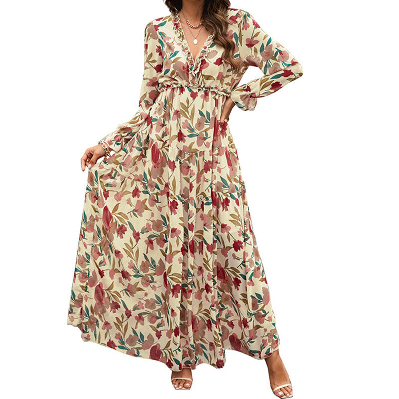 Heidi-Mode | Druck Kleid mit Langen Ärmeln und V-Ausschnitt