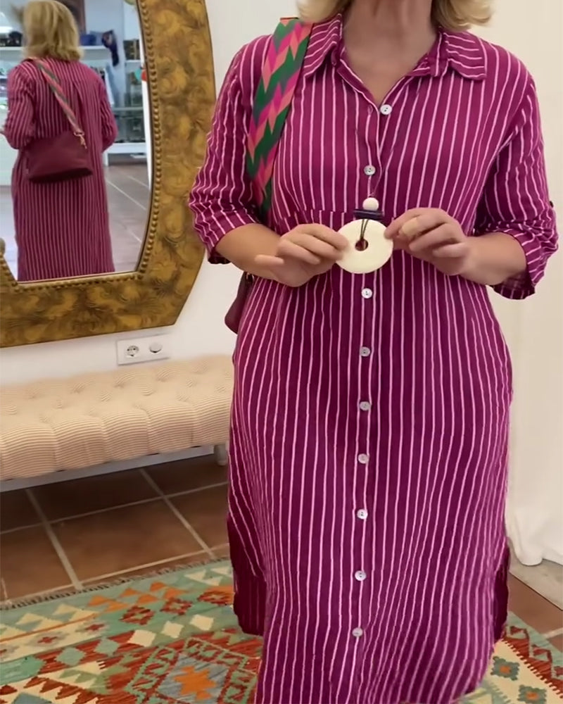Heidi-Mode | Kleid Revers Knöpfen Gestreiftes Hemd