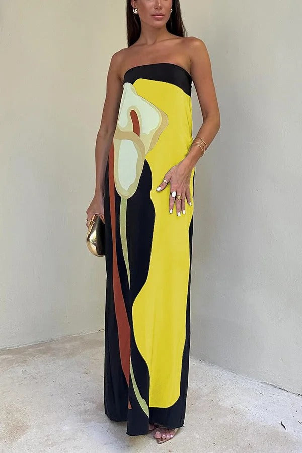 Heidi-Mode | Jaime Abstrakter Floralprint Elastischer Off-Shoulder Urlaub Locker Maxi Kleid