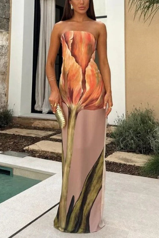 Heidi-Mode | Jaime Abstrakter Floralprint Elastischer Off-Shoulder Urlaub Locker Maxi Kleid