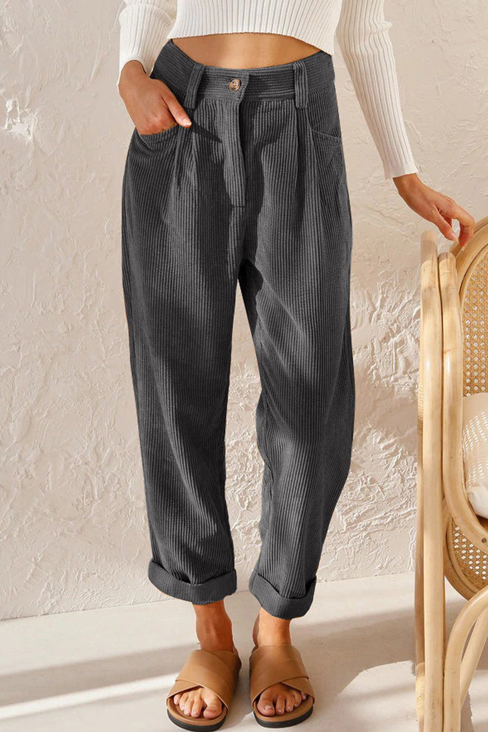 Kordhose Mit Hoher Taille Und Geradem Bein