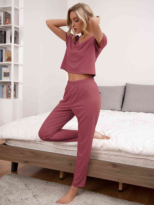 Heidi-Mode | Rundhals Kurze Ärmel Oberteil und Hose Lounge Set