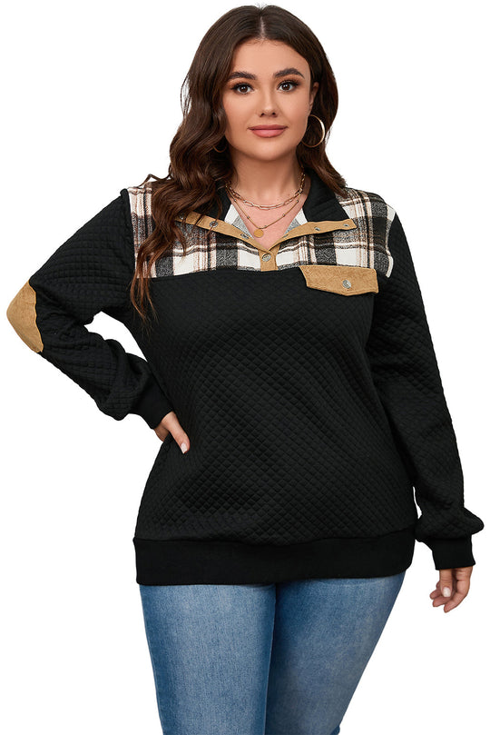 Plus Größe Gesteppt Plaid Patch Henley Pullover